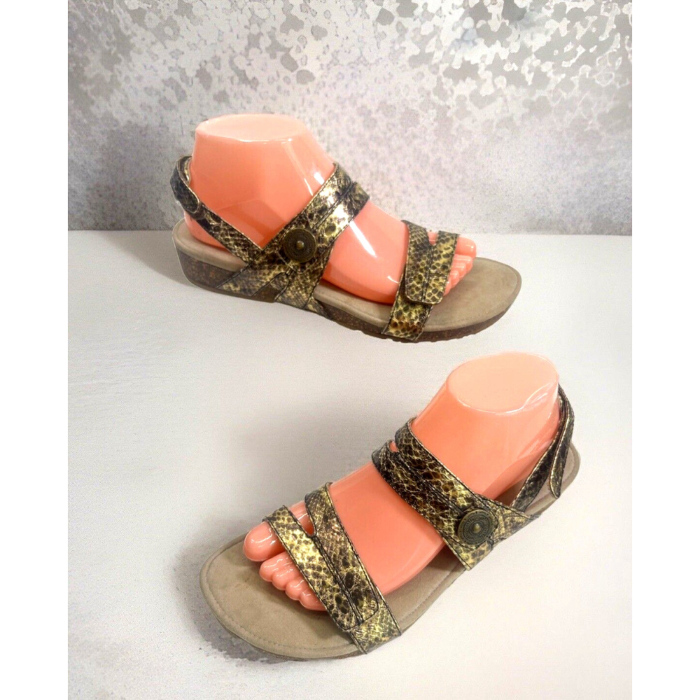 Aetrex Womens Metallic Gold Snake Print Leather Sandals Size 9.5‎ US Hook Loop